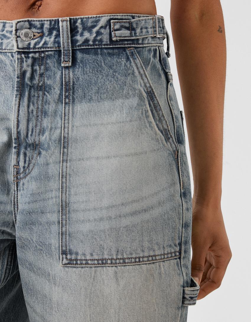 شورت برمودا دنيم بقصة بالون وساق عريضة-أزرق مغسول من الخارج-5