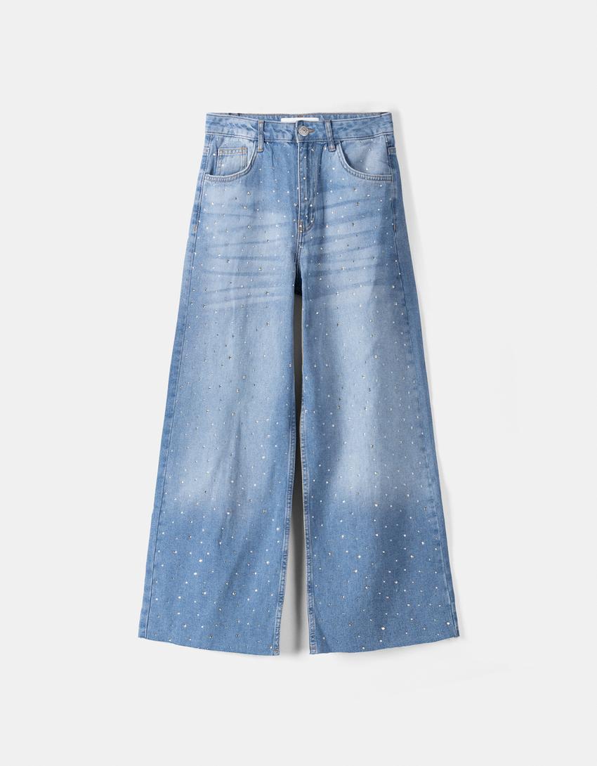 بنطلون واسع وقصير جينز بحجر الراين-أزرق فاتح-4