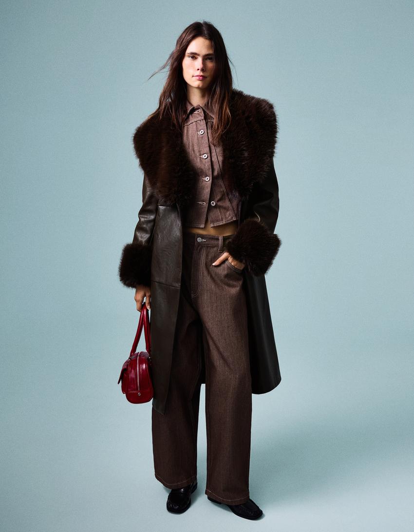 Contrast leather effect coat with faux fur-Brown