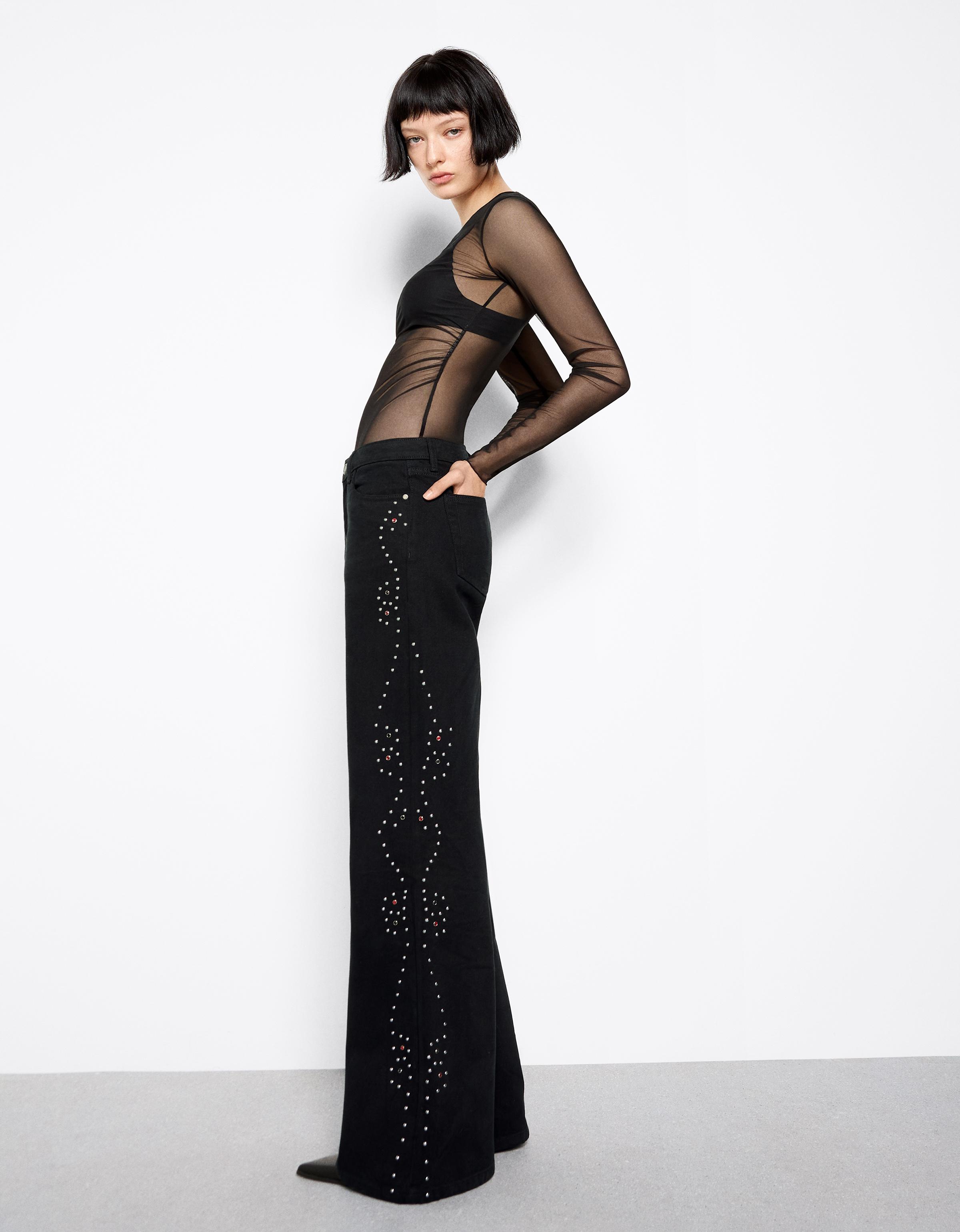 Bershka Jeans Mit Weitem Bein, Tief Sitzend, Nieten Damen 44 Schwarz