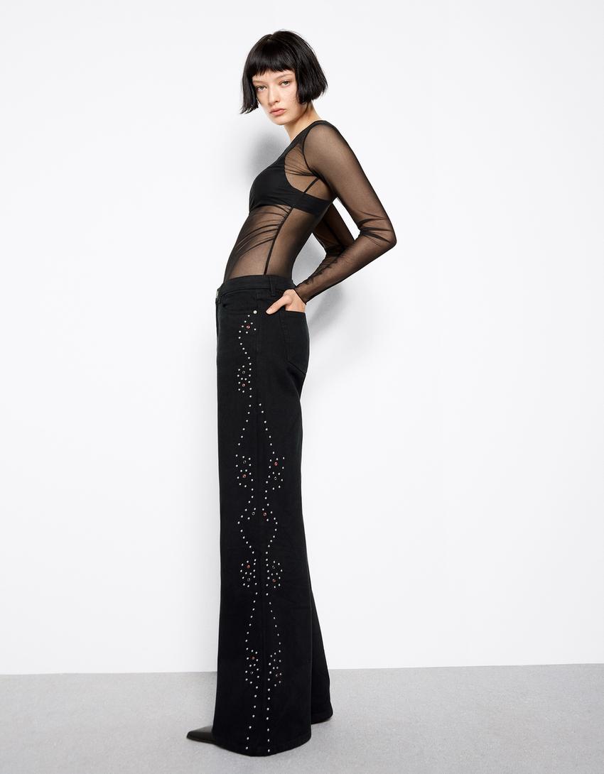 Low-rise wide-leg jeans with studs-Black