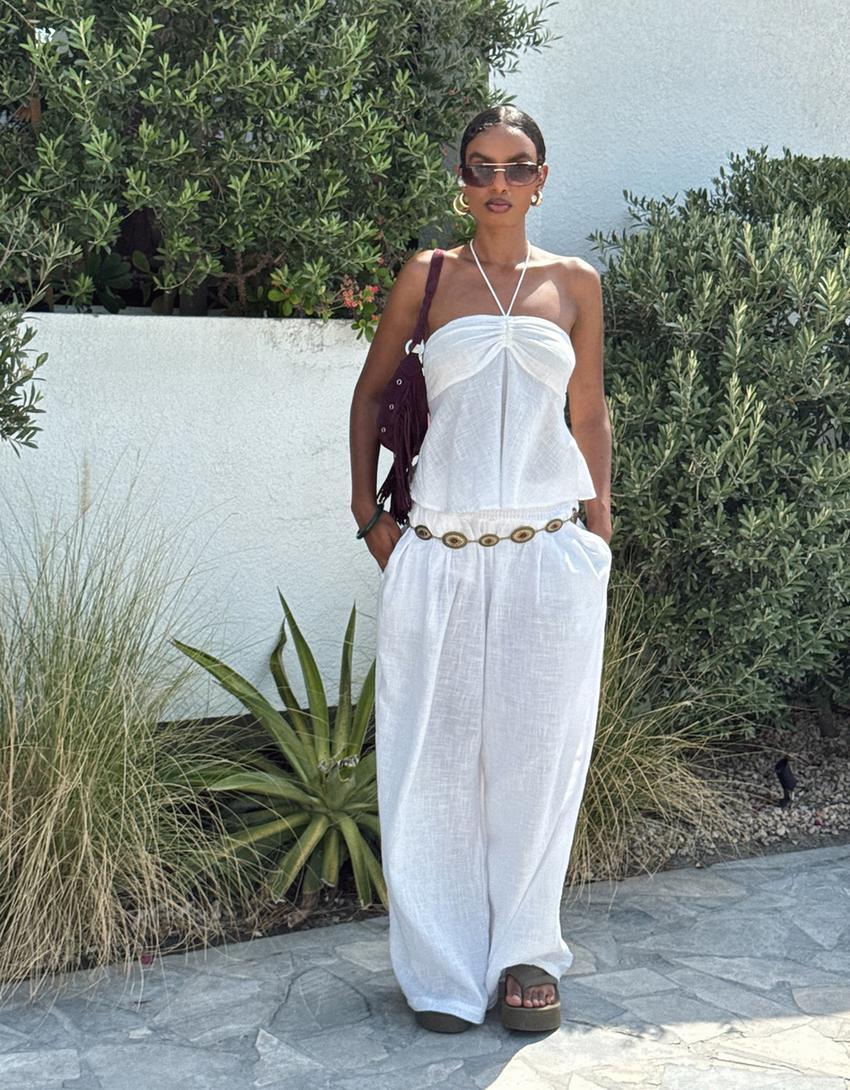 Wide-leg rustic trousers with darts-White