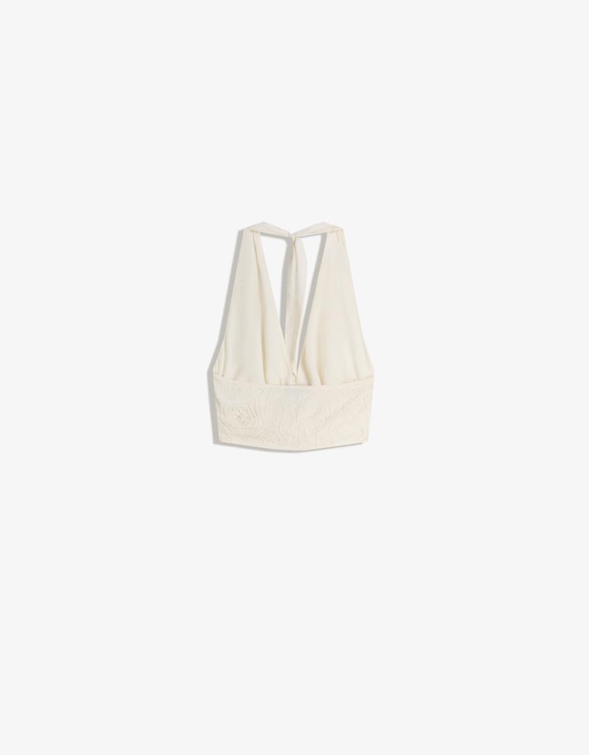 Embroidered top with knot-Cream