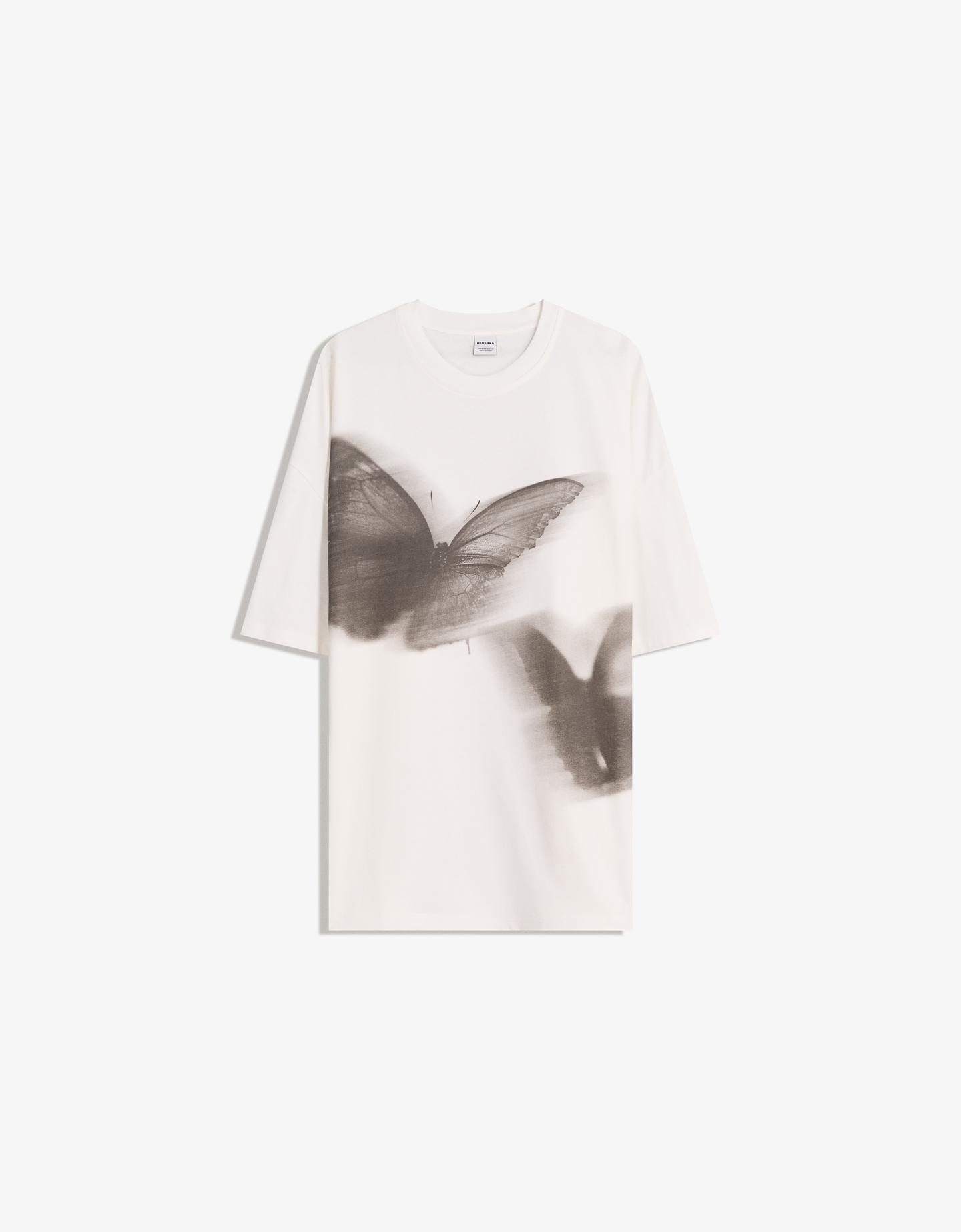 Bershka koszulka oversize z krótkim rękawem i nadrukiem kremowy