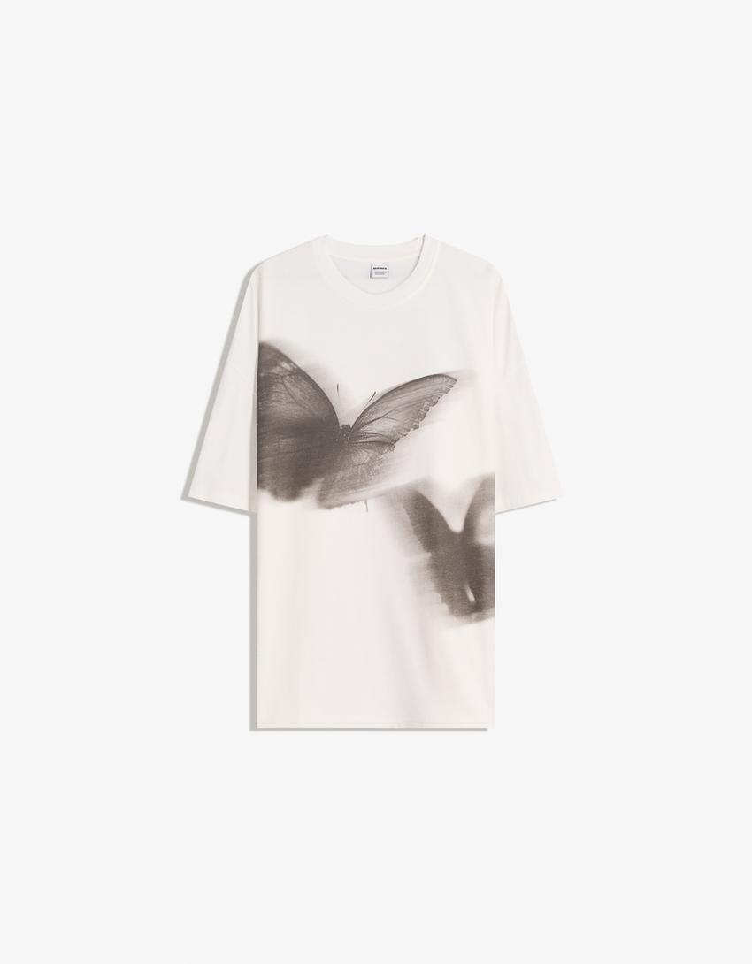 Printed short sleeve oversize T-shirt-Cream