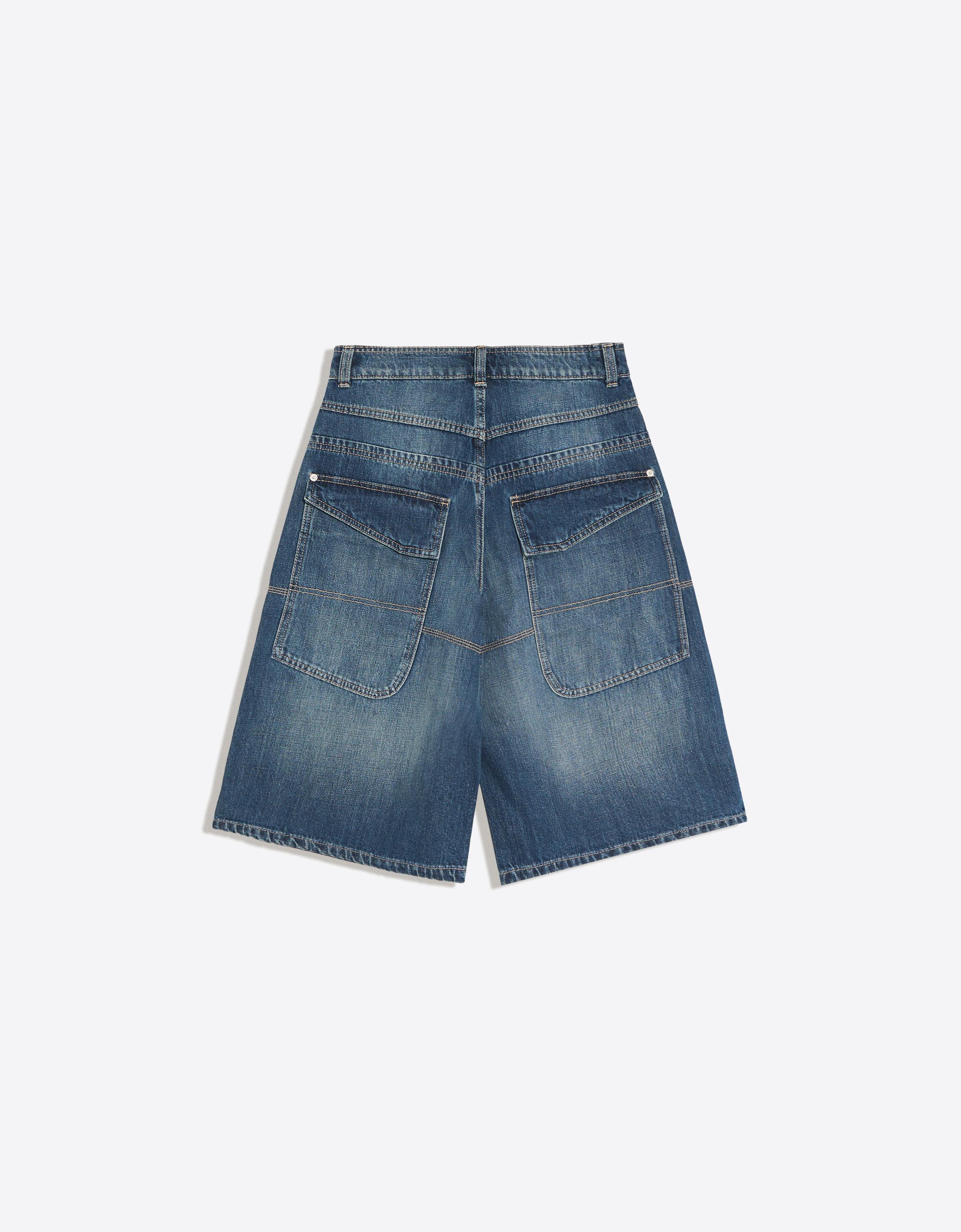 Long denim Bermuda shorts with pocket detail — Dark blue