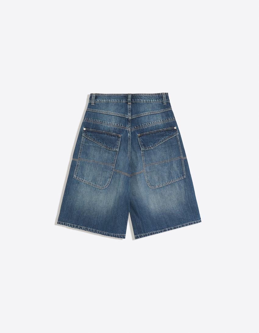 Bermuda in denim lungo con tasche-Blu