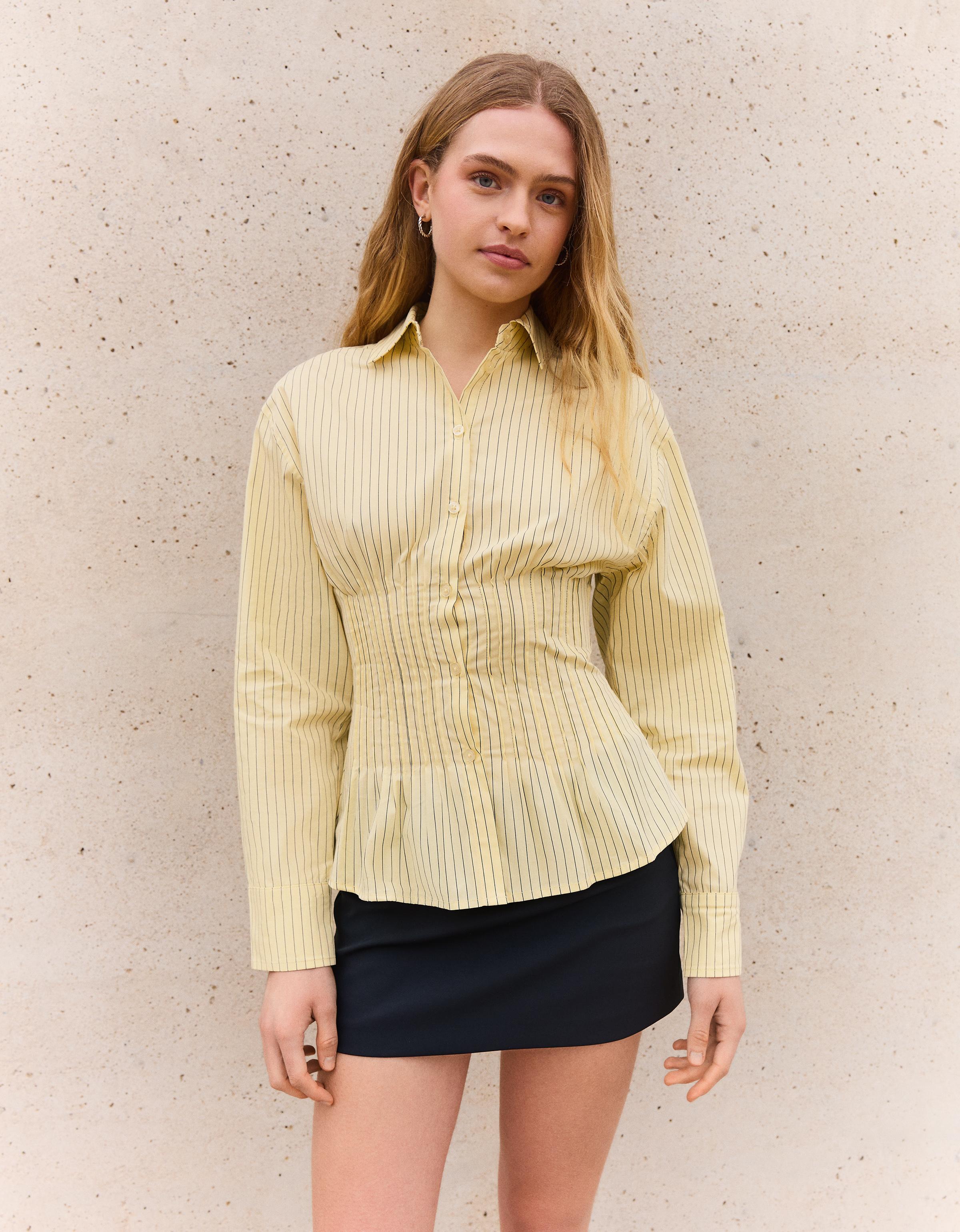 Camisa Entallada Pinzas Mujer M Amarillo