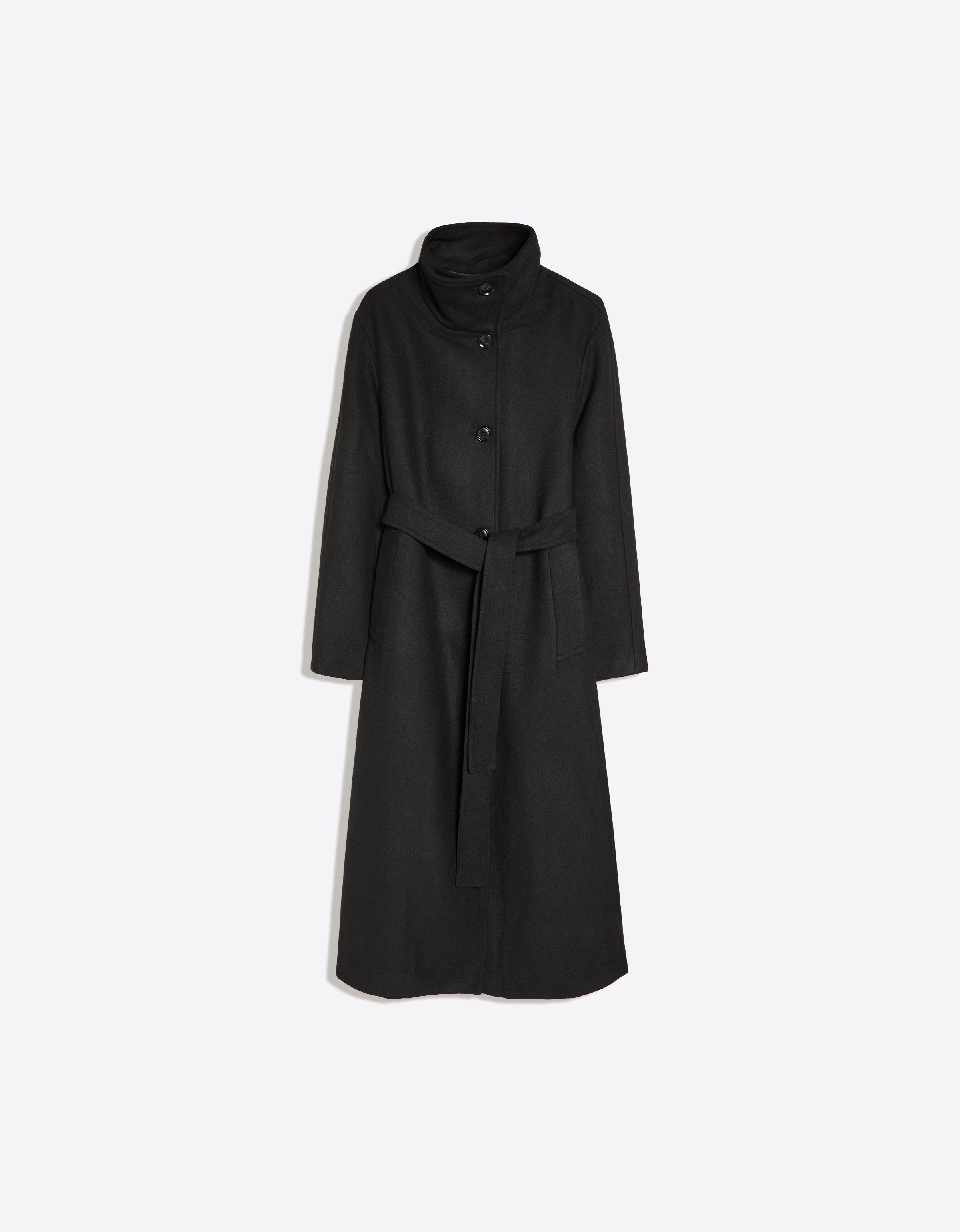 Long funnel neck coat with belt — Black