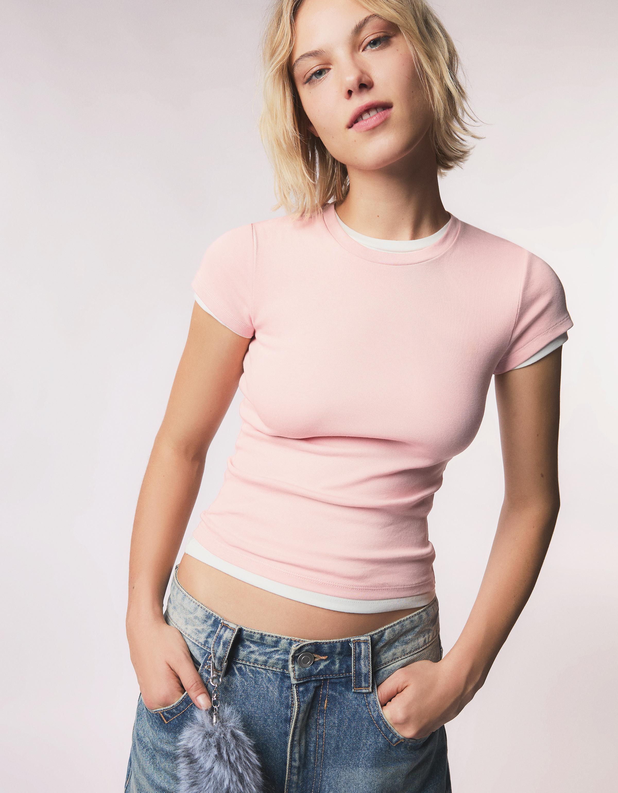 Bershka T-Shirt Rundausschnitt Damen S Rosa