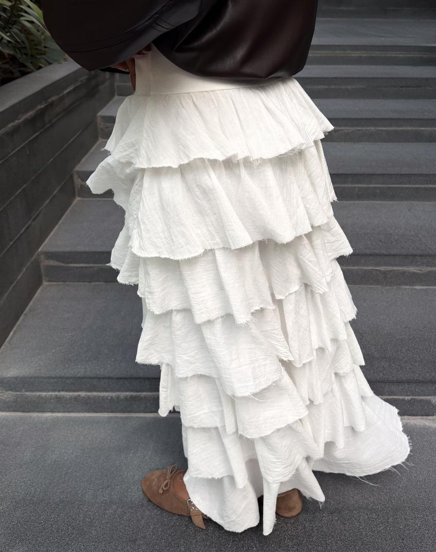 Rustic ruffle midi skirt-Off white