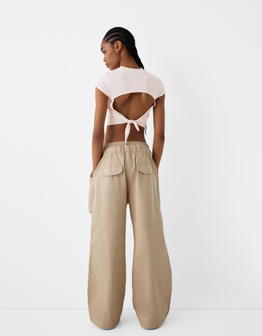 T-shirt manches courtes dos nu imprimé-Rose-1