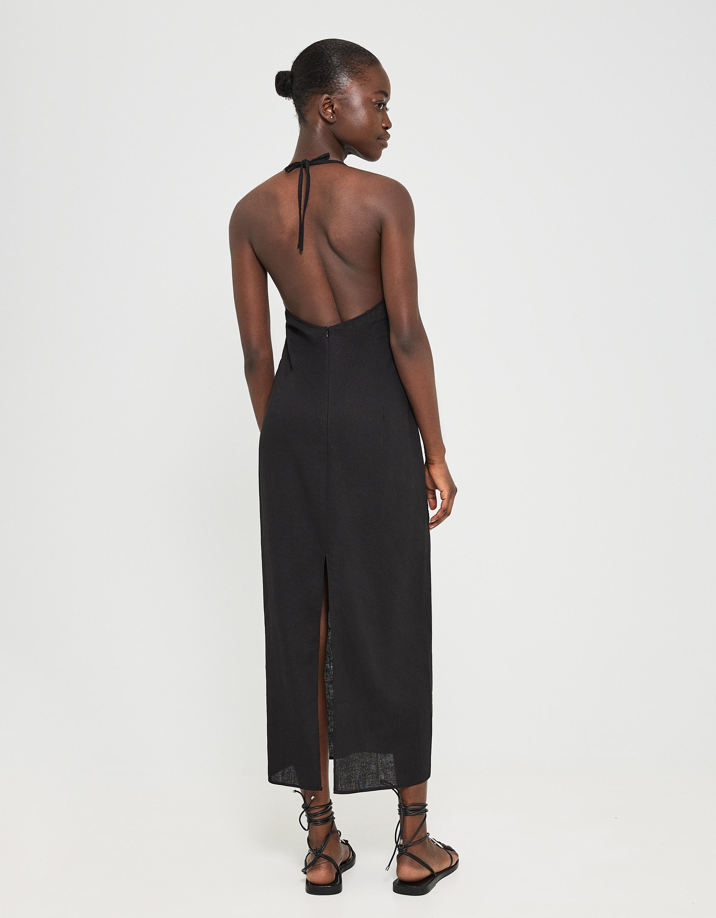 Bershka Neckholder-Midikleid Mit Leinenbindung Damen Xl Schwarz