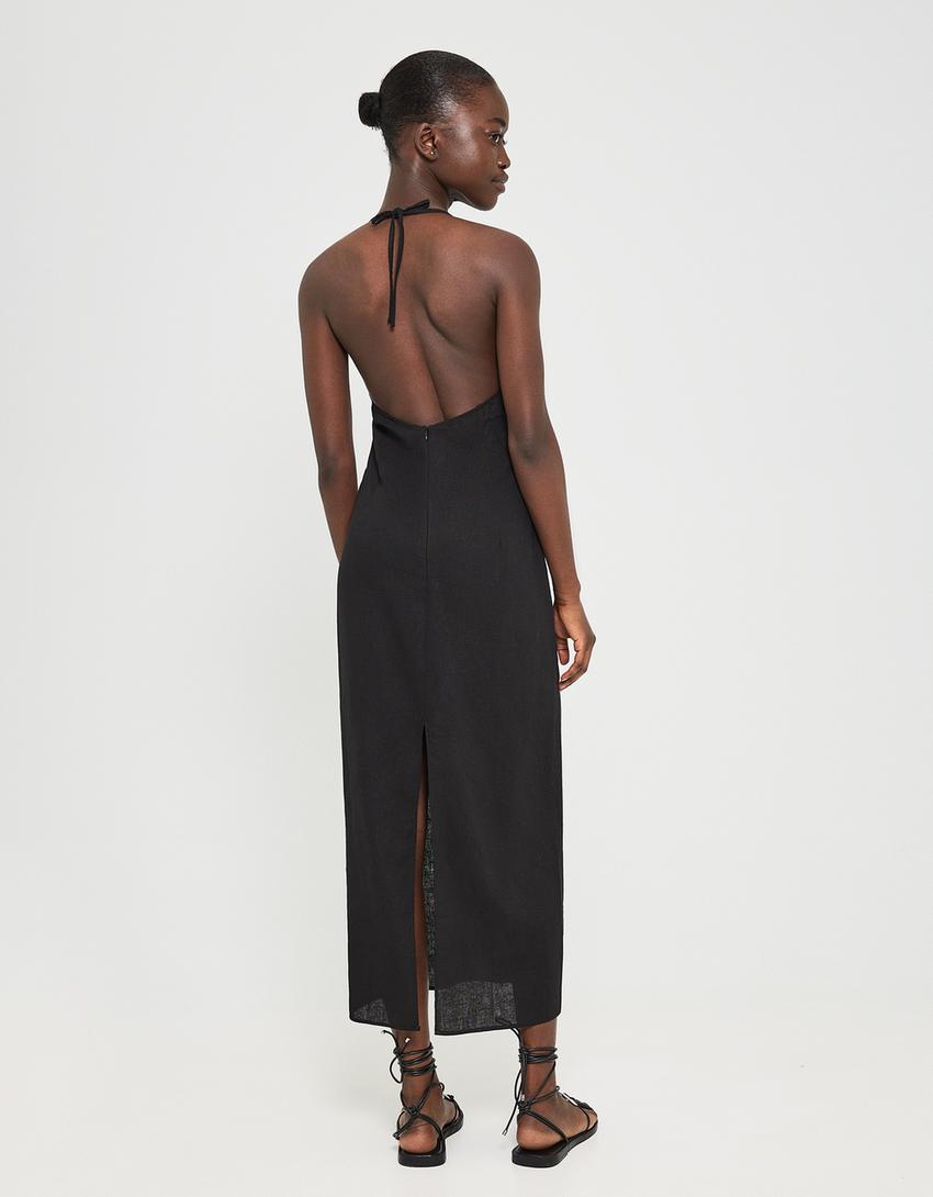 Neckholder-Midikleid mit Leinenbindung-Schwarz-1