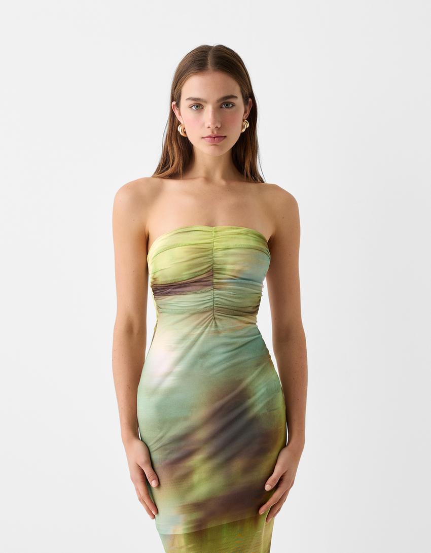 Tulle bandeau midi dress-Green-1