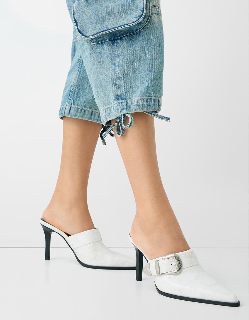Mules talon aiguille boucle cowboy-Blanc-1