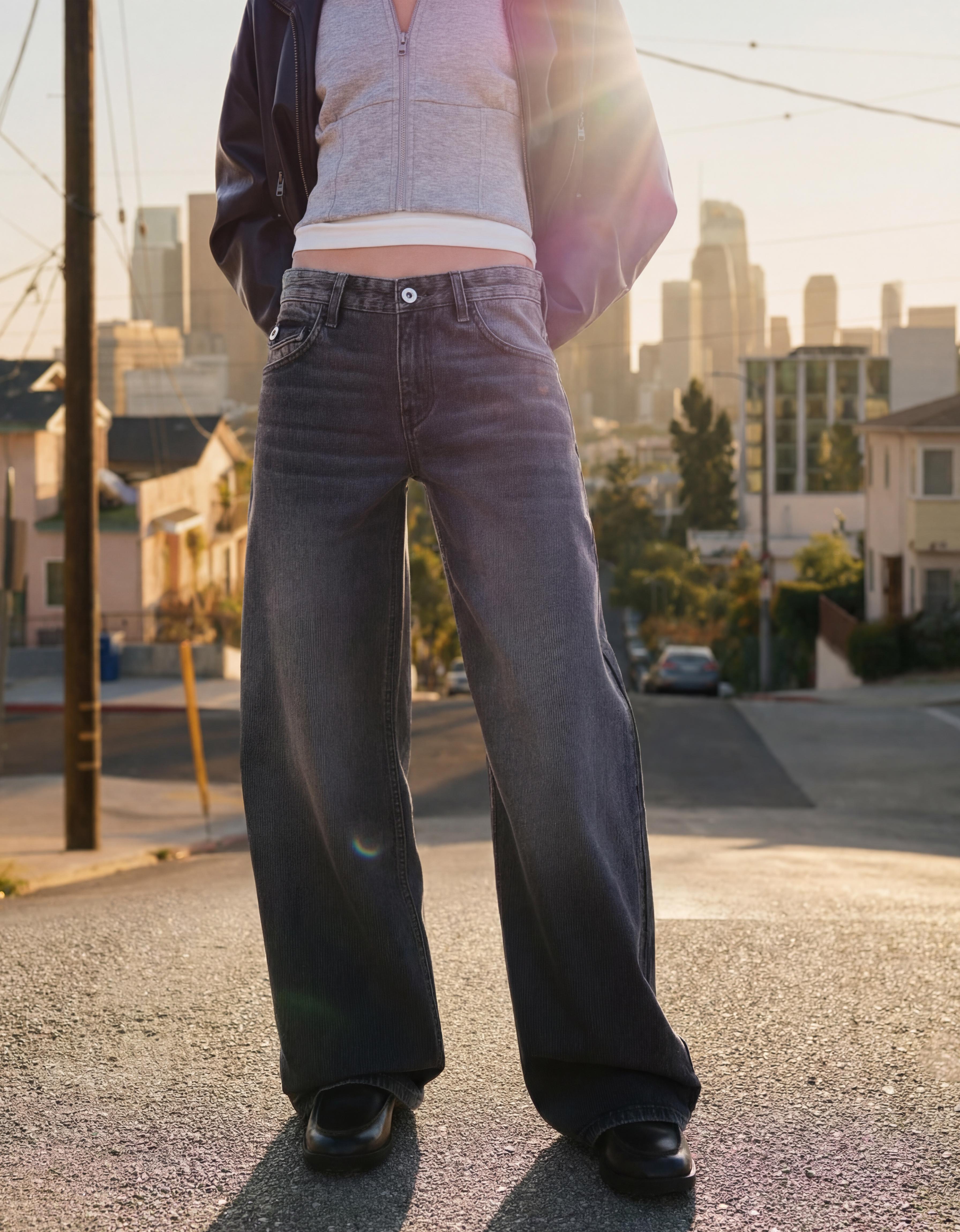 Düşük bel fitilli kadife boyfriend jean - Görsel 16