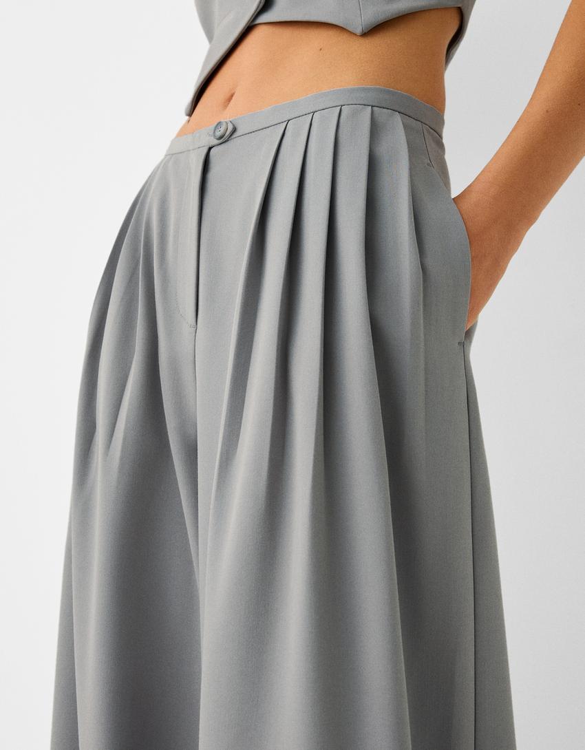 بنطال رسمي بليسيه واسع الساقين-رمادي-3