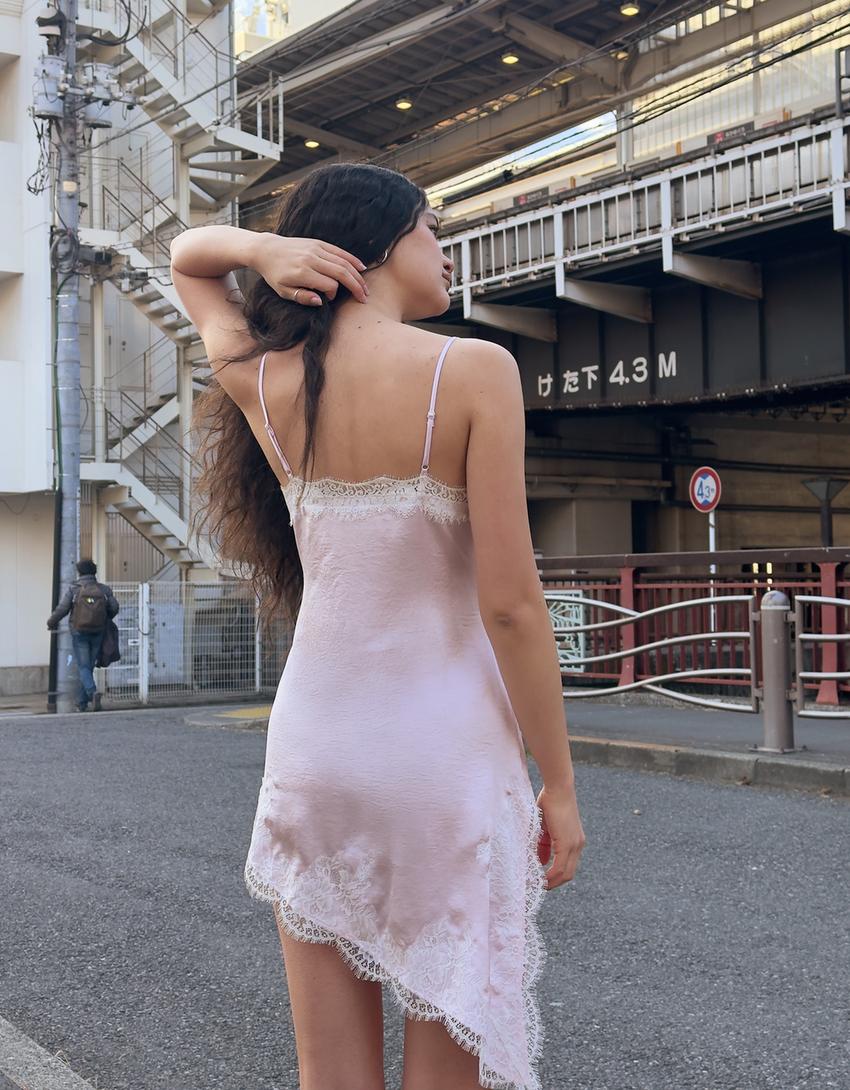 Robe mini asymétrique en satin-Rose