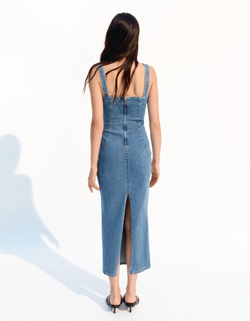 Lange denim jurk met bandjes-Gewassen blauw-1