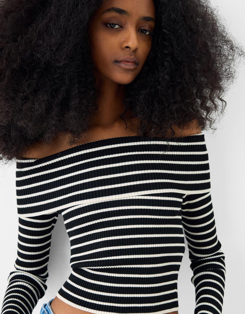 Pull col Bardot revers rayures-Noir-2