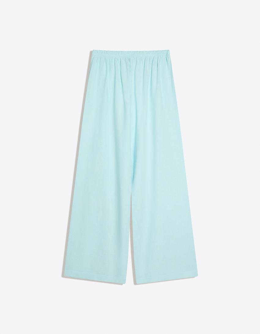Linen blend trousers with an elasticated waistband-Turquoise