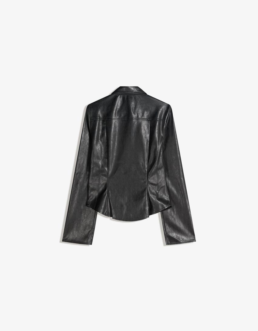 Camisa cremallera entallada efecto piel-Negro
