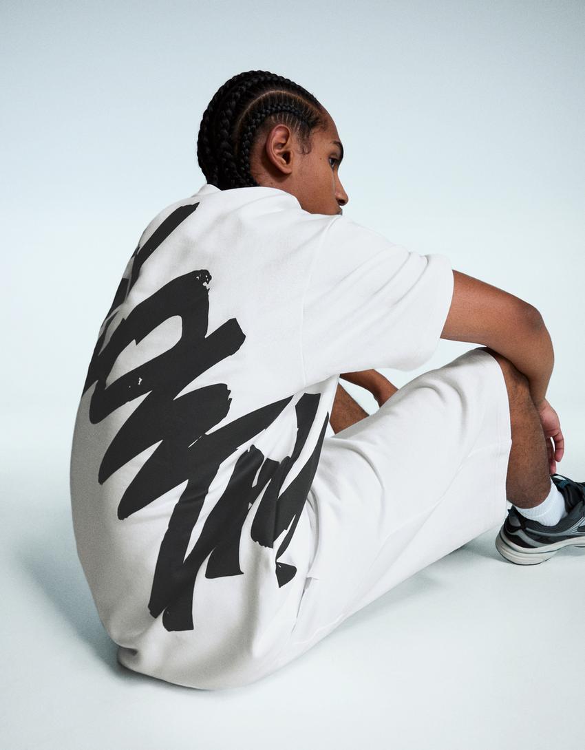 Printed short sleeve plush T-shirt-White