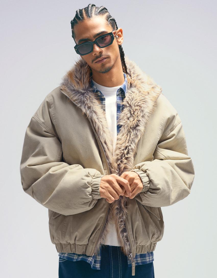 Faux fur lapel jacket-Cream