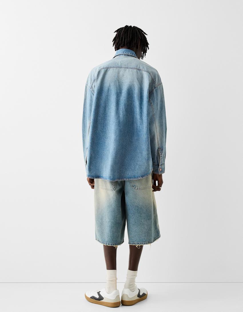 Long sleeve oversize denim shirt-Washed out blue