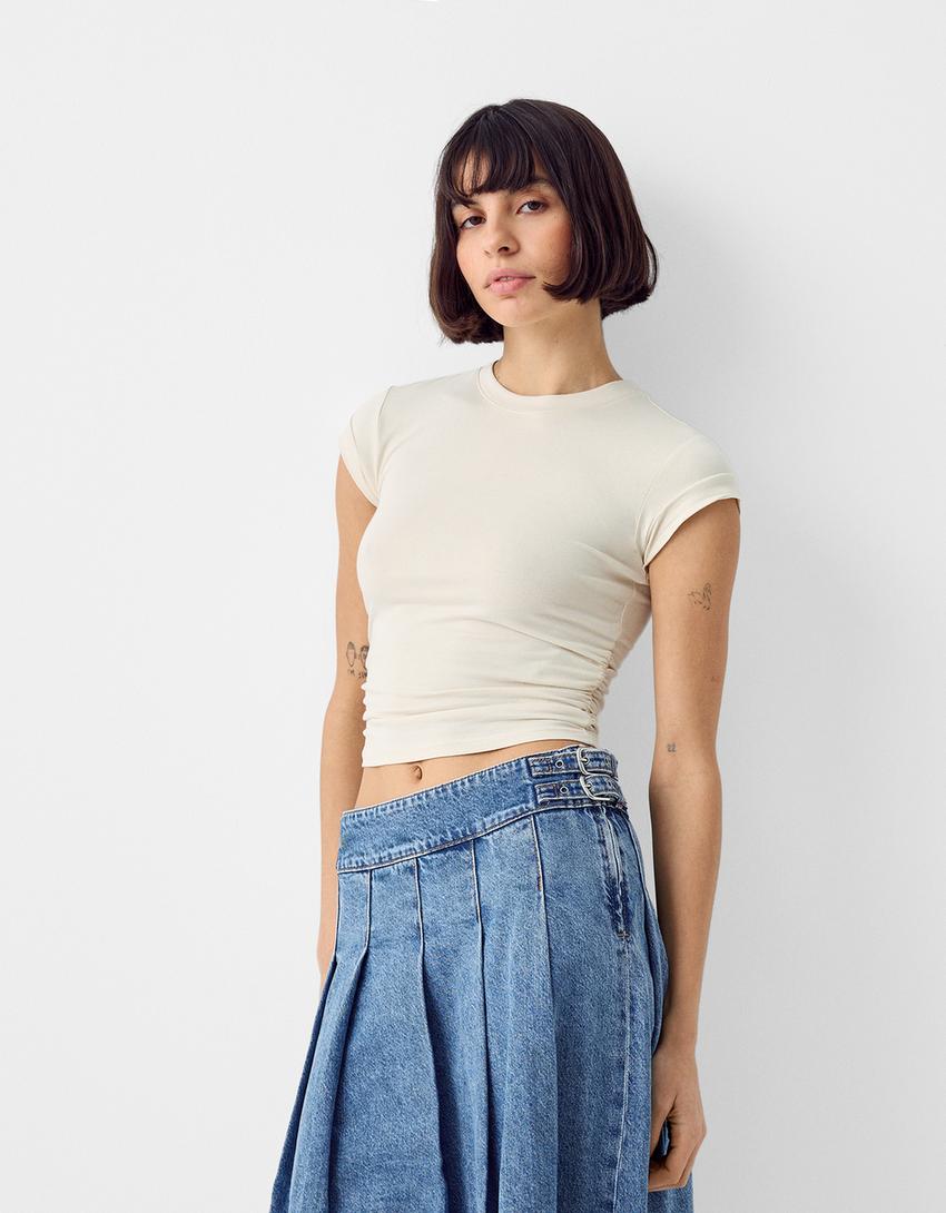 Jupe-culotte denim midi plissée-Bleu lavé-1