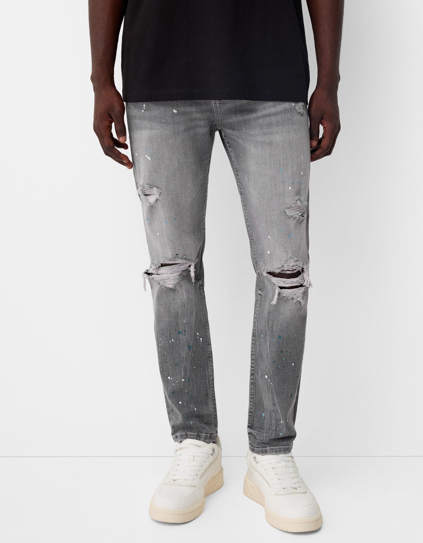 Bershka Jeans Skinny Rotos Pintura Hombre 36 Gris