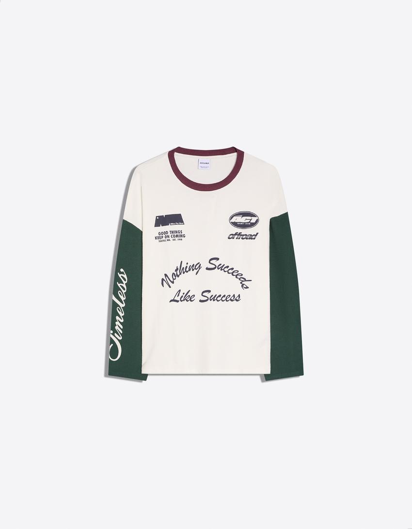 T-shirt met lange mouw en contrasterende print-Groen