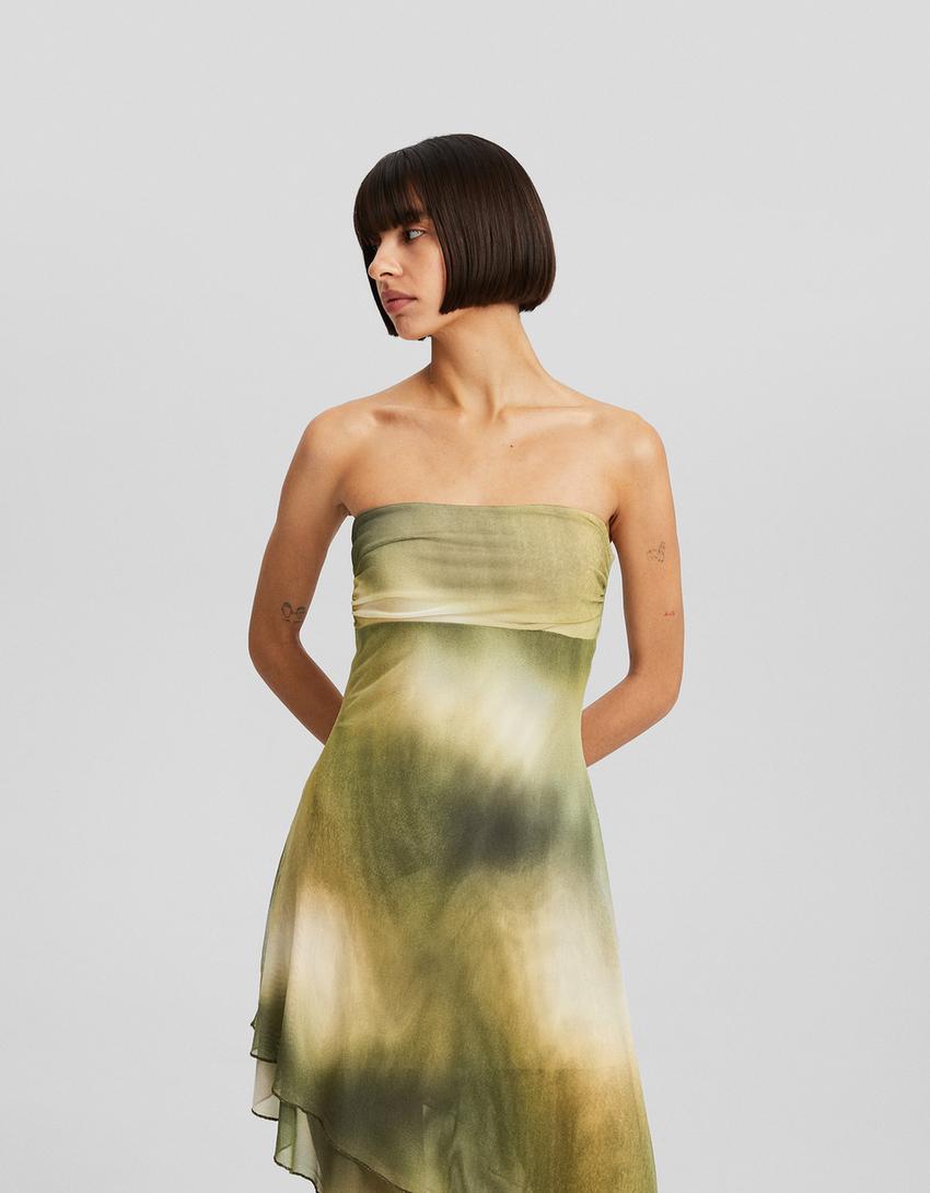 Asymmetric tie-dye print bandeau midi dress-Green-1