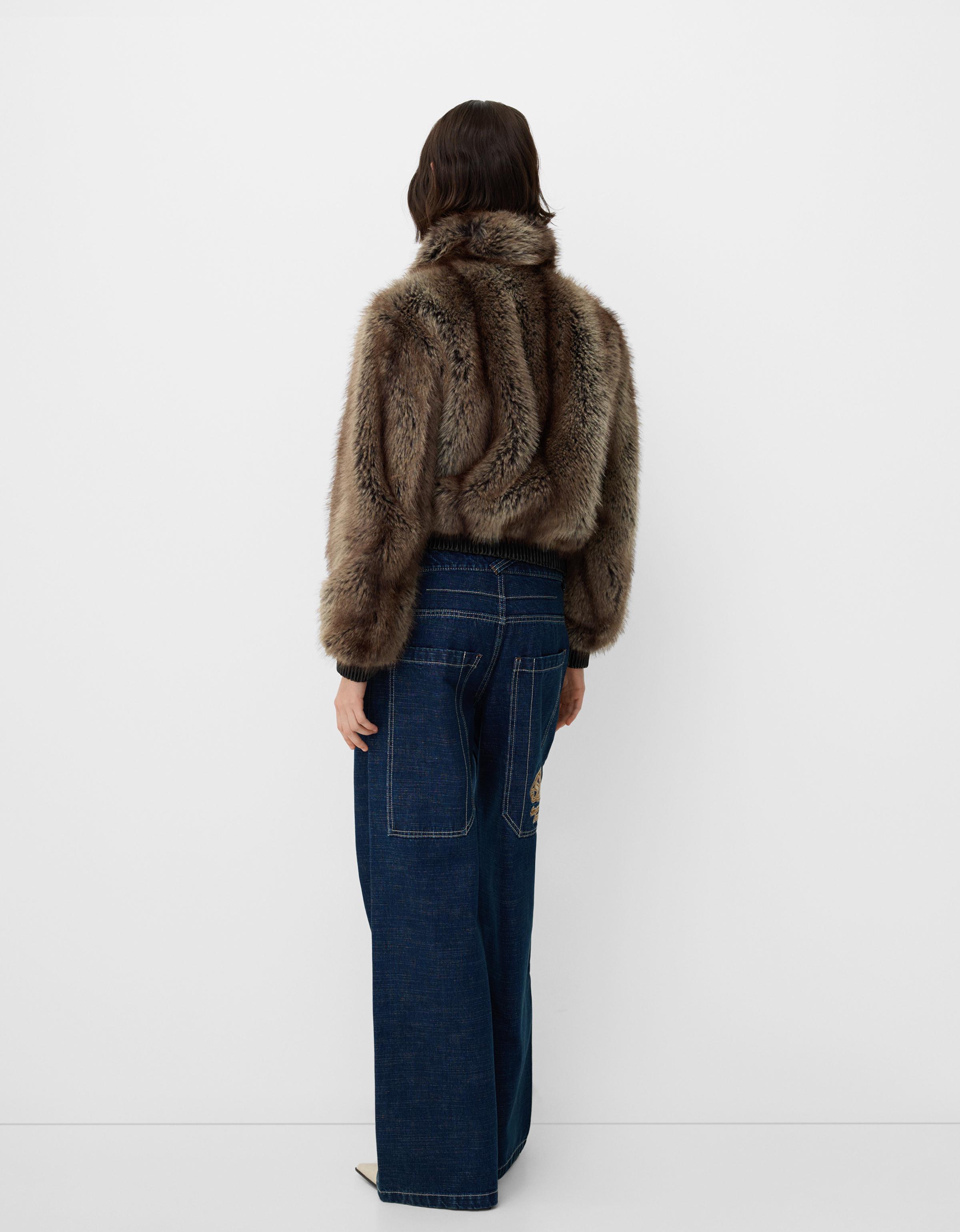 Leather effect contrast faux fur jacket Faux fur Women Bershka