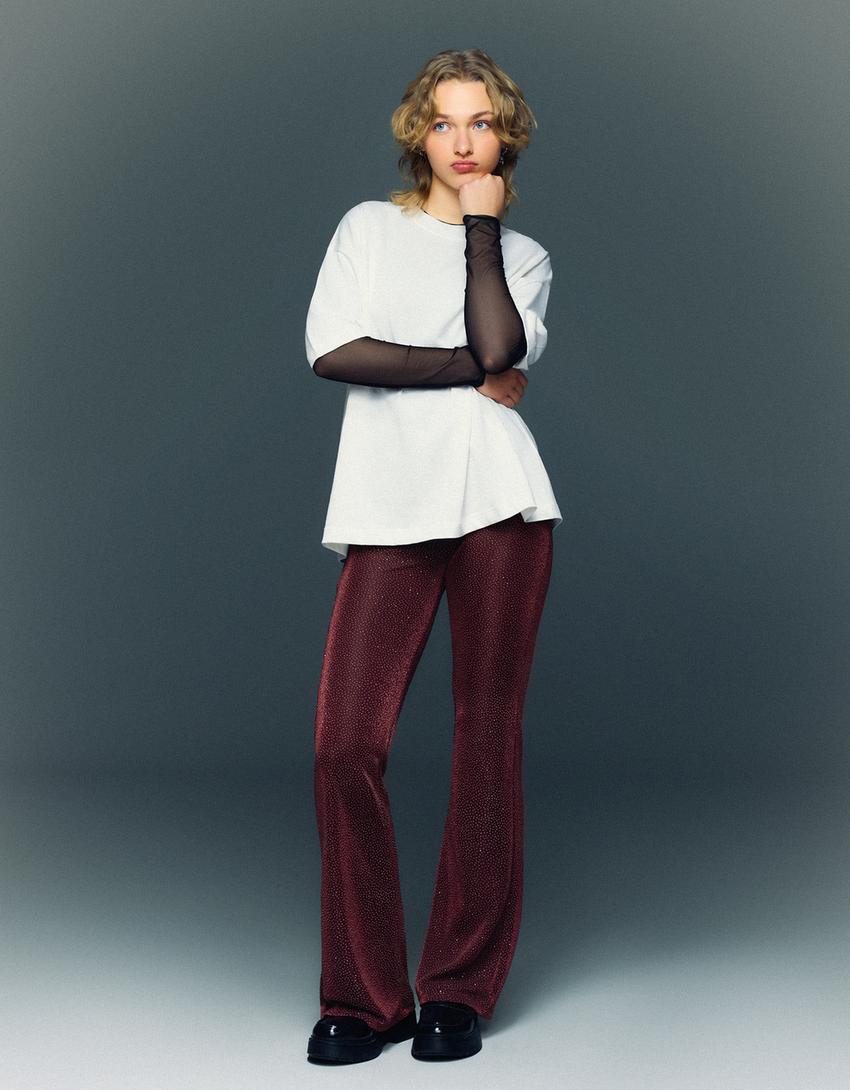 Pantalon flare brillant-Bordeaux