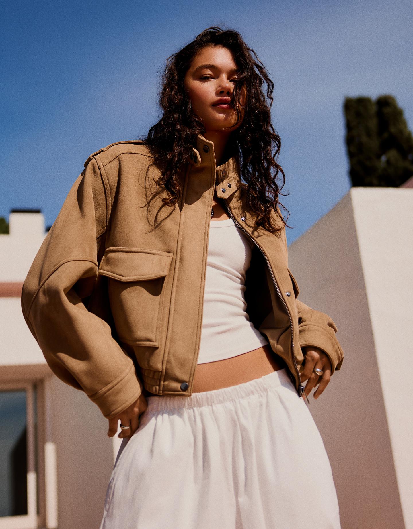 Bershka Cazadora Efecto Suede Mujer Visón