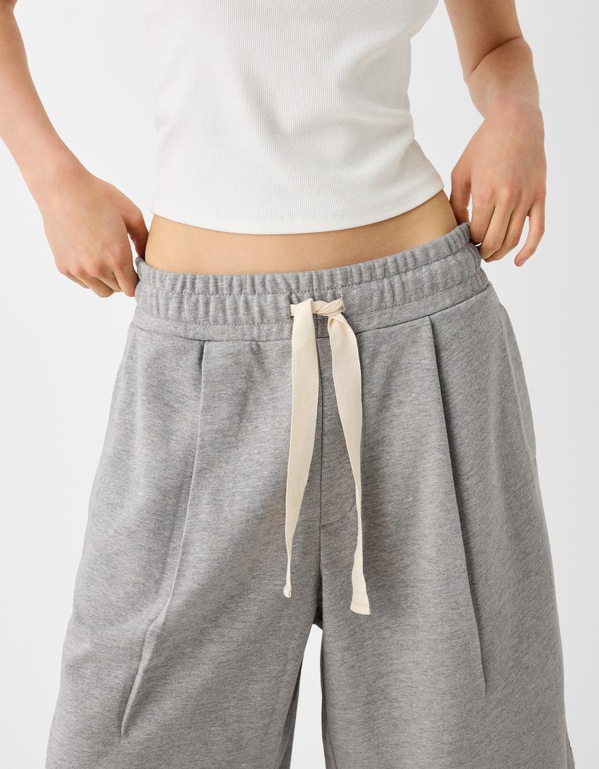 Calções bermuda baggy pinças-Cinza-6