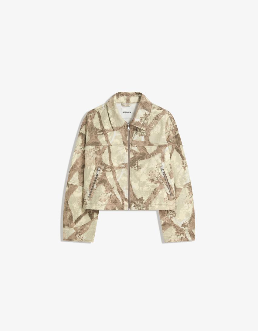Cropped denim jack met print-Donkergrijs