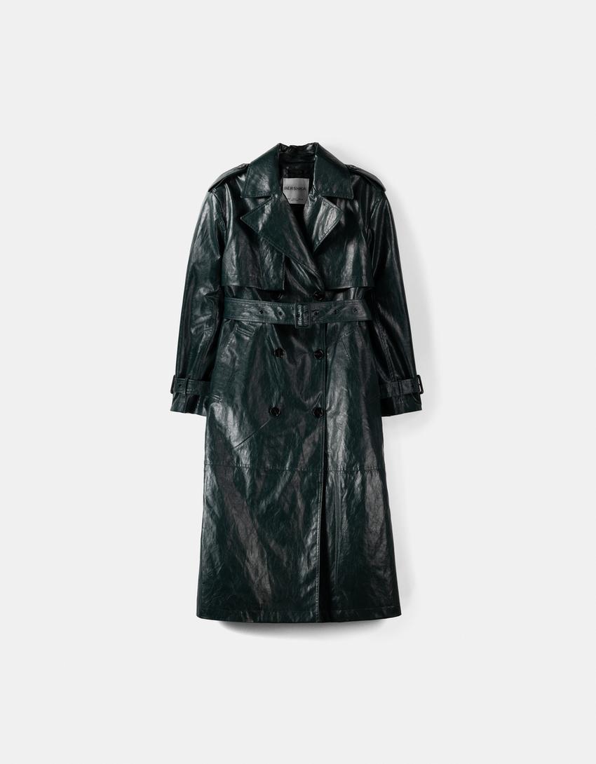Extra-long leather effect trench coat-Green-4