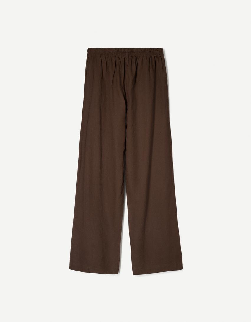 Linen blend trousers with an elasticated waistband-Brown-4
