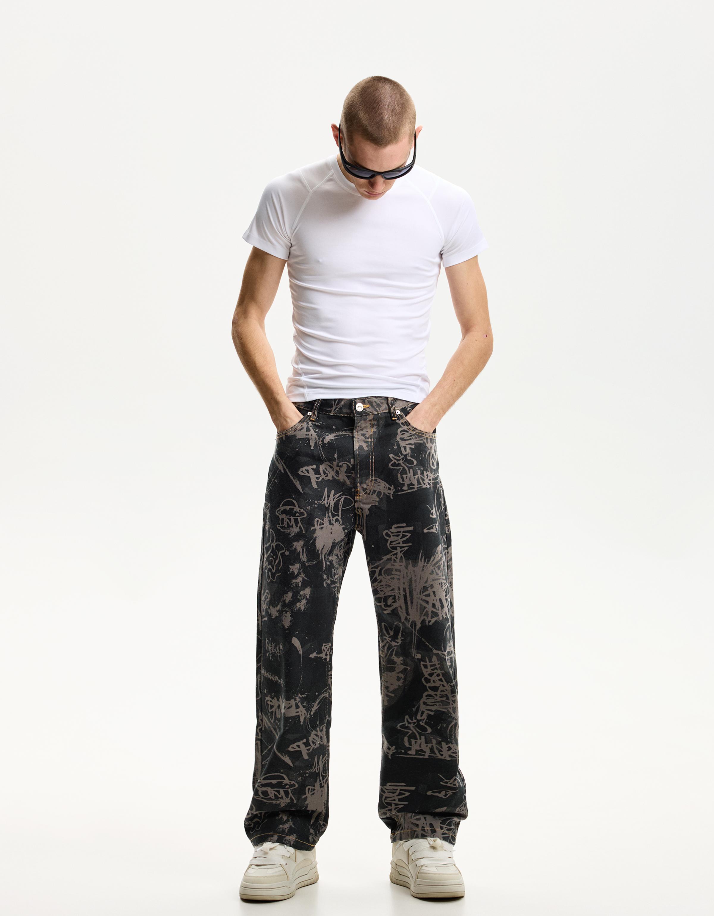 Bershka Baggy-Jeans Mit Print Herren 32 Dunkelgrau