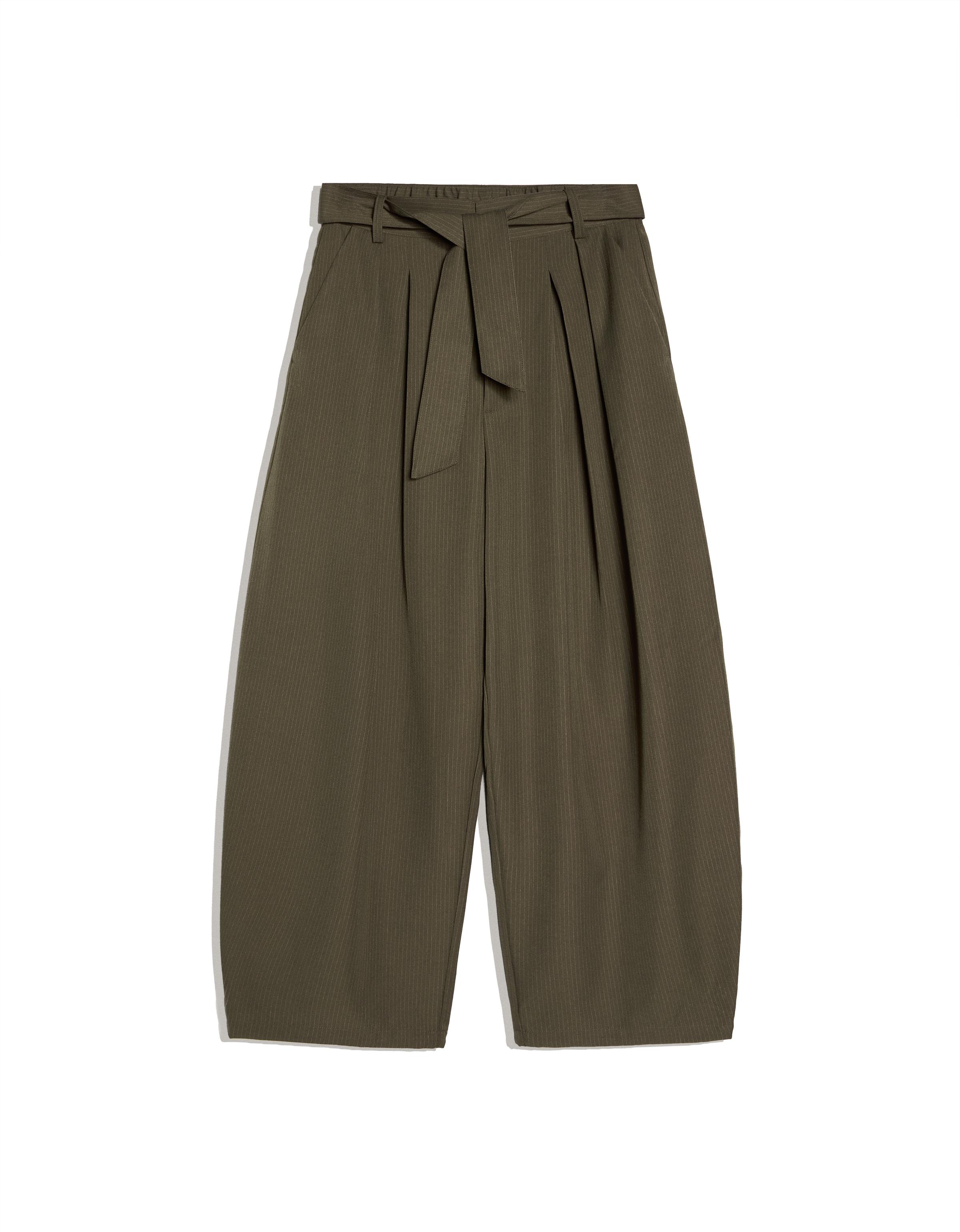 Barrel-leg trousers with darts and belt — Khaki