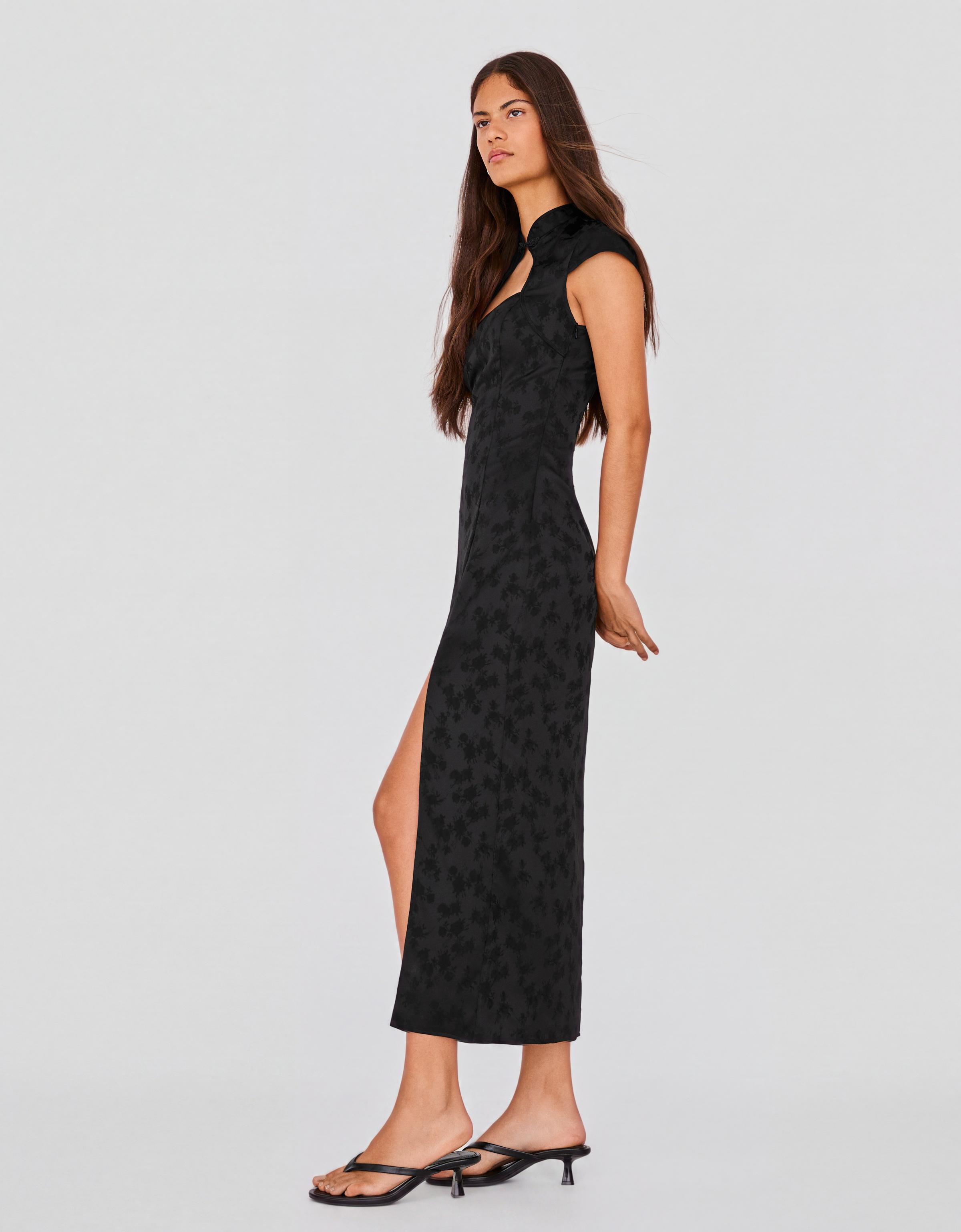 Sateen jacquard midi dress — Black