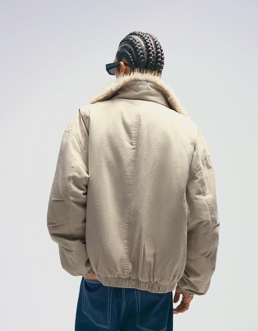 Faux fur lapel jacket-Cream