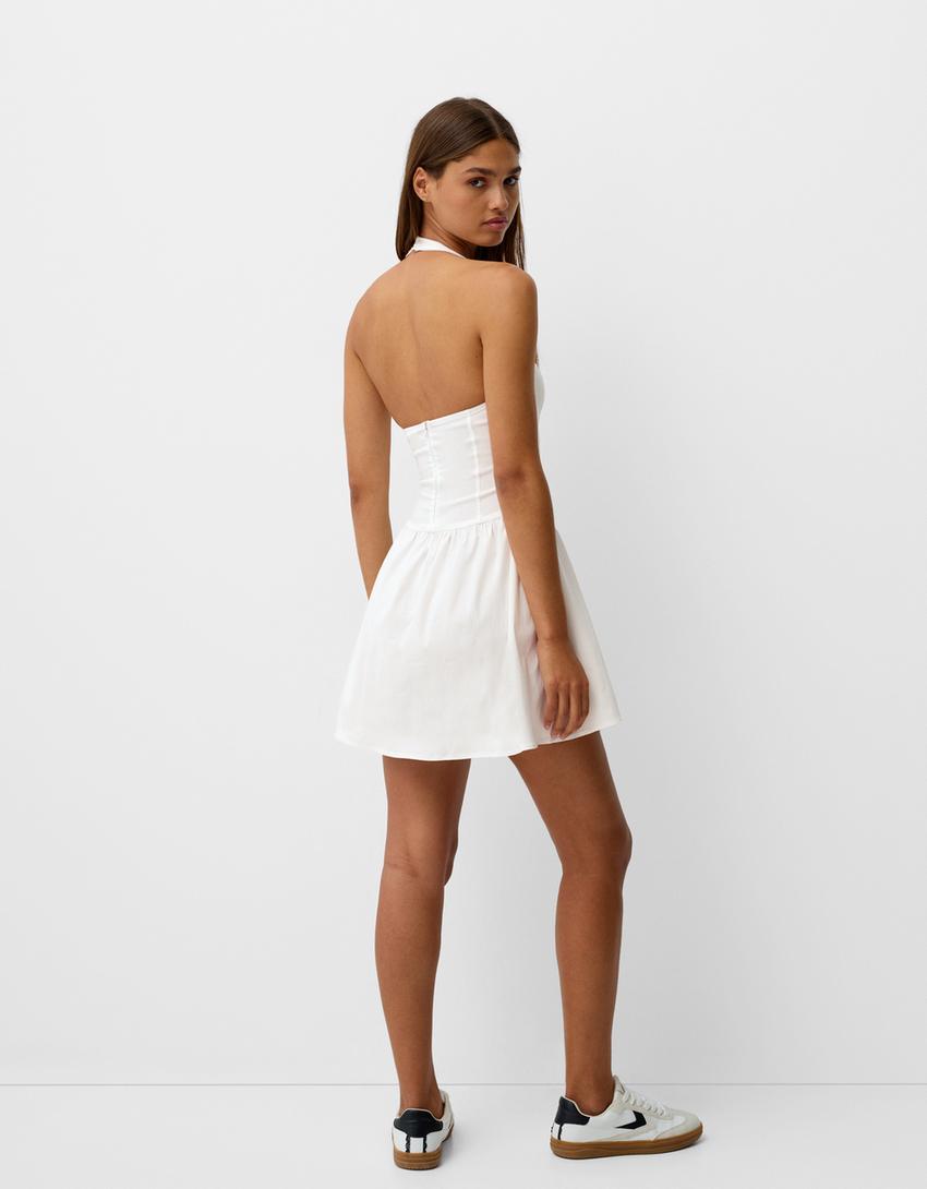 Volanlı bengalin mini elbise-Kirli beyaz-2