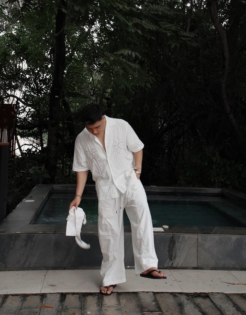 Chemise à manches courtes brodée-Blanc