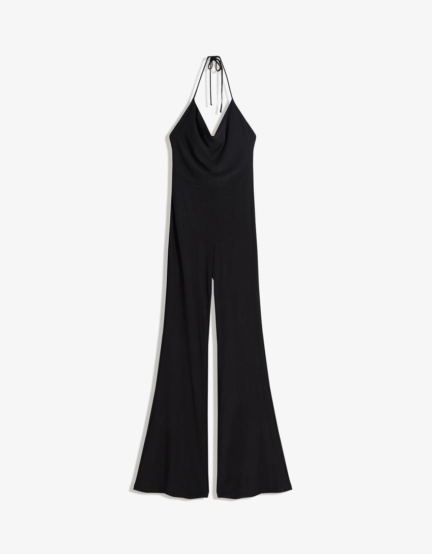 Long flared jumpsuit with straps Dresses and jumpsuits Women