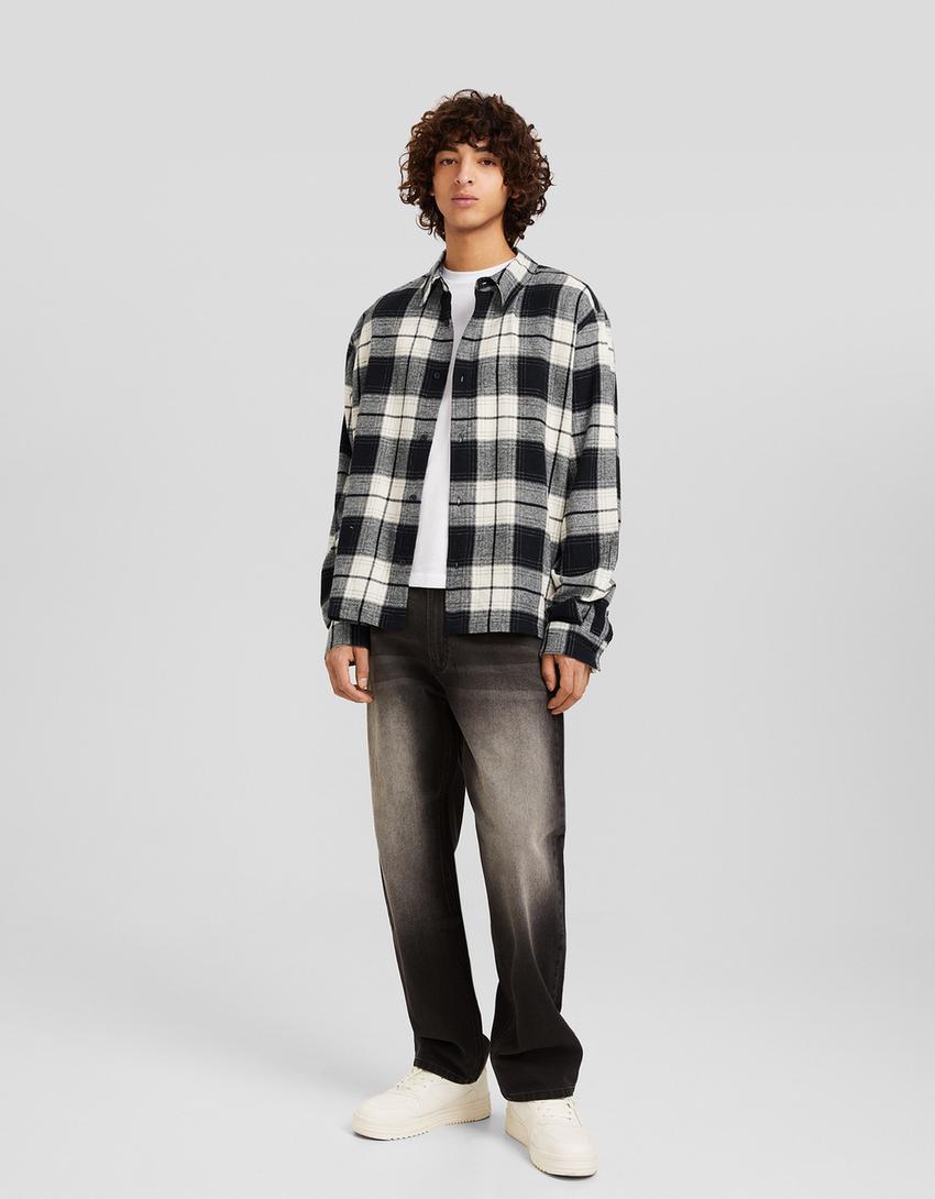 Cropped long sleeve check shirt-Black