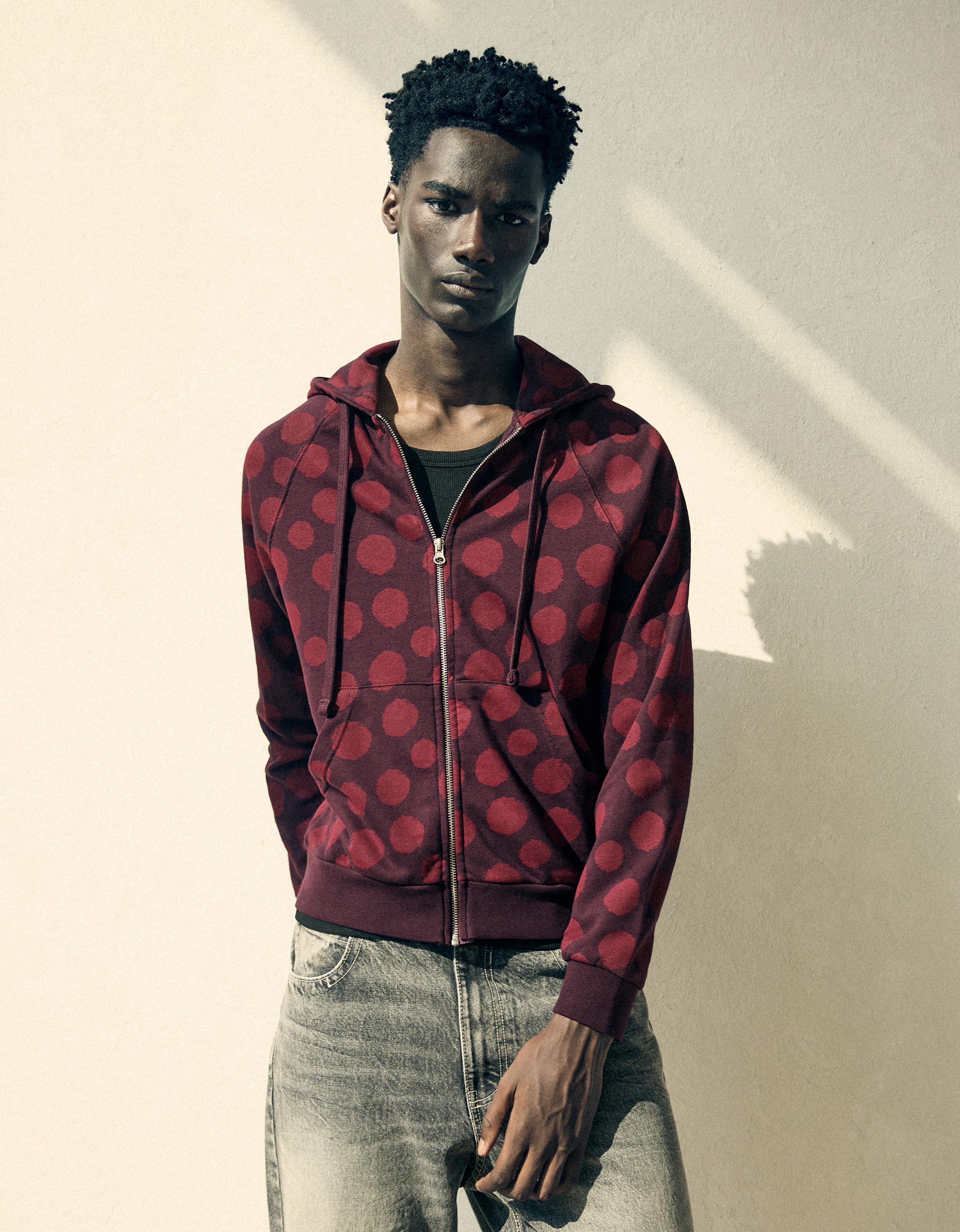 Hooded zip-up print sweatshirt — Burgundy